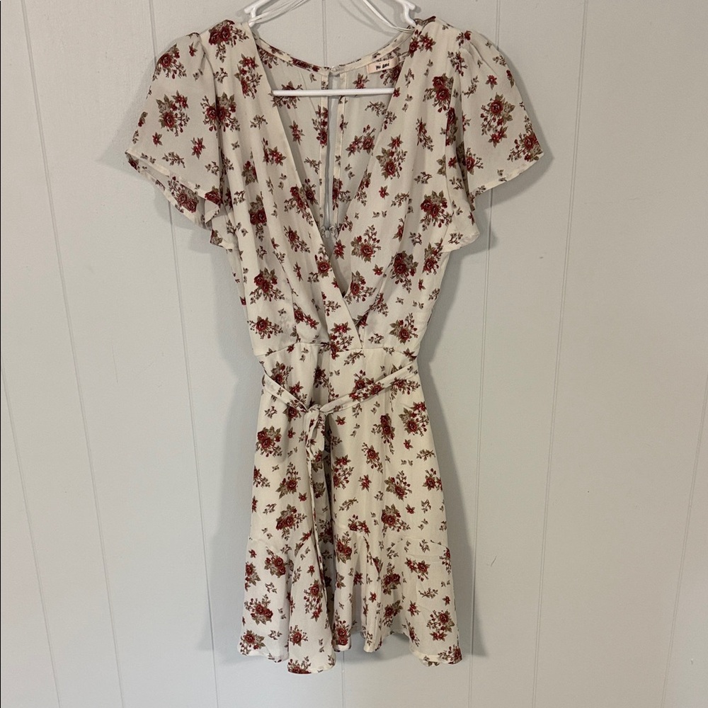 Floral Wrap Romper Cream with Red Rose Print Small NWOT